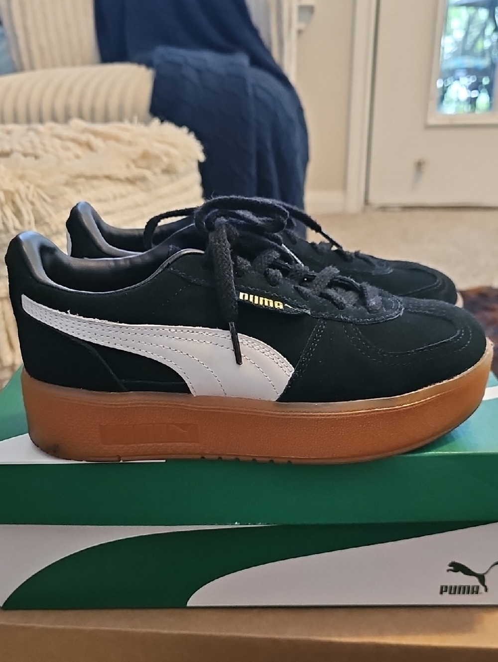 Puma Palermo Black Suede Sneakers with White Formstrip and Gum Platform Sole